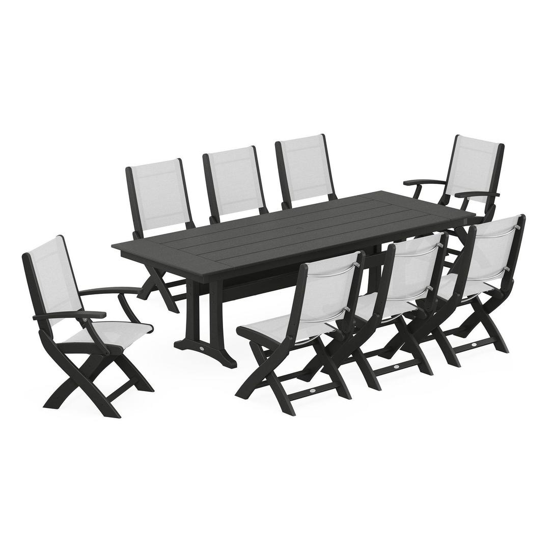 Polywood Coastal 9-Piece Folding Dining Chair Farmhouse Dining Set with Trestle Legs