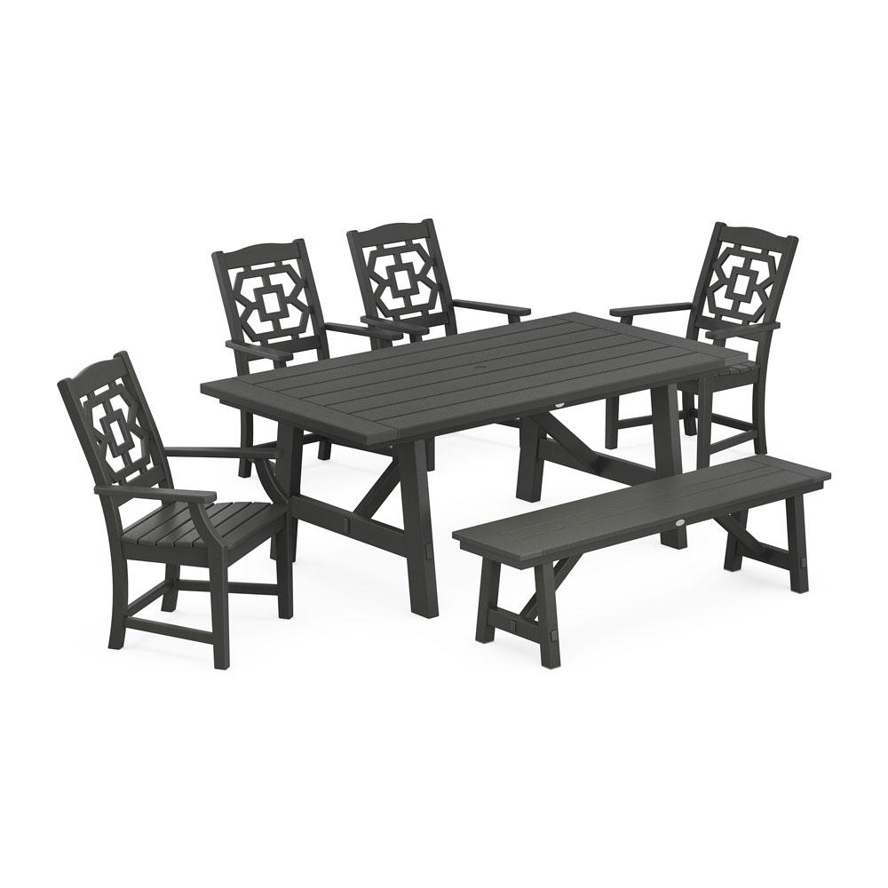 Polywood Chinoiserie 6-Piece Rustic Farmhouse Dining Set with Bench