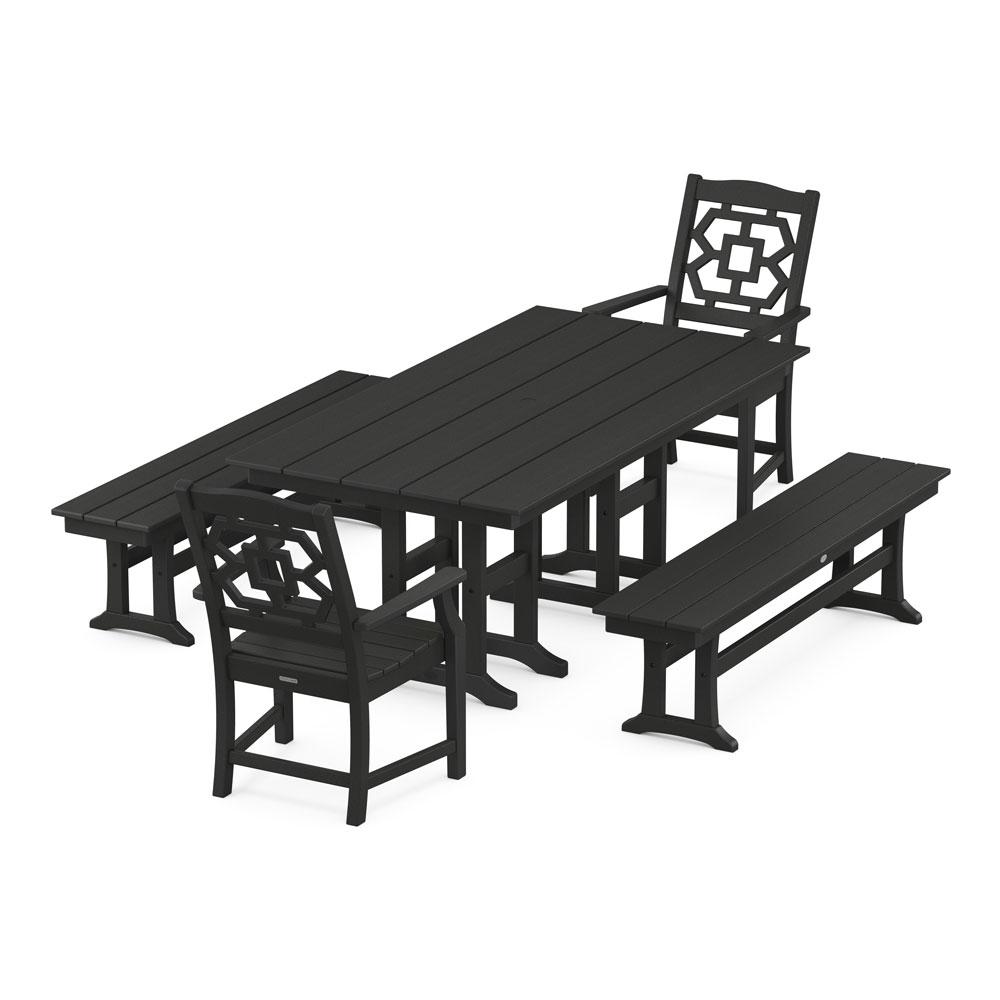 Polywood Chinoiserie 5-Piece Farmhouse Dining Set with Benches
