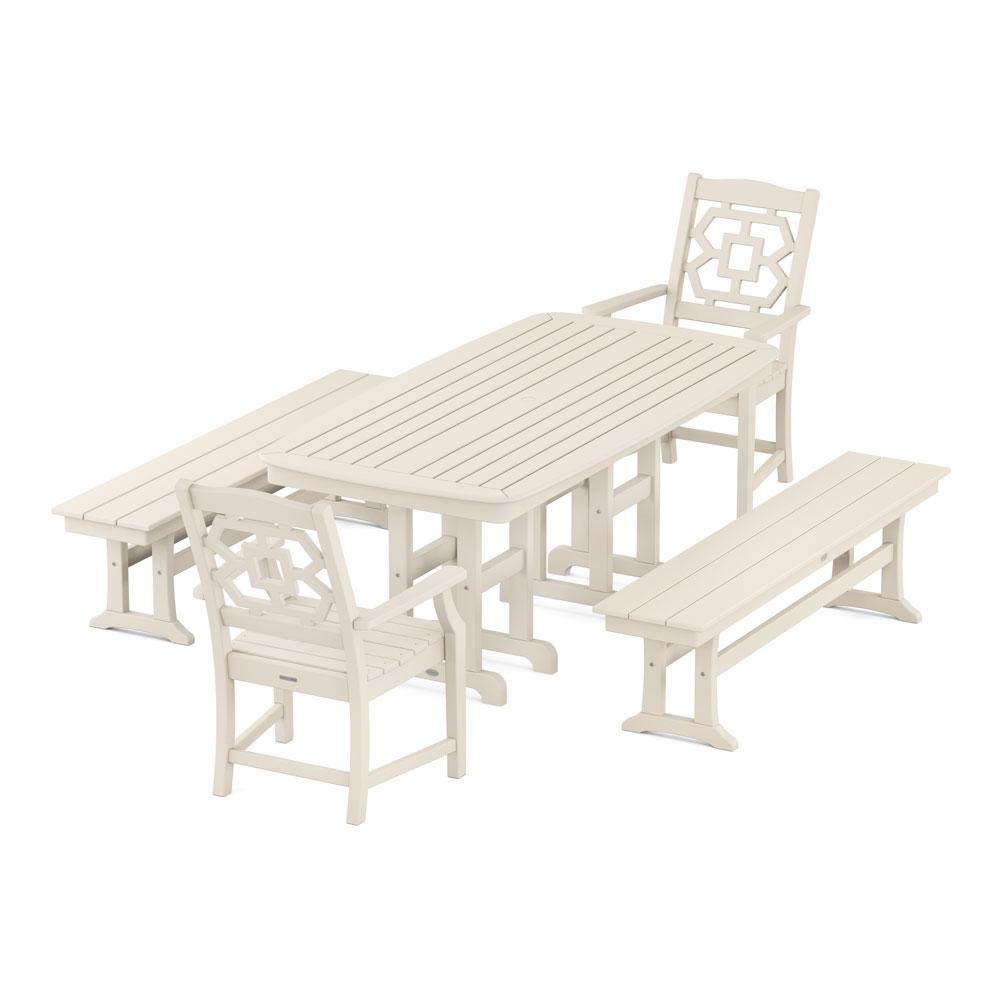 Polywood Chinoiserie 5-Piece Dining Set with Benches