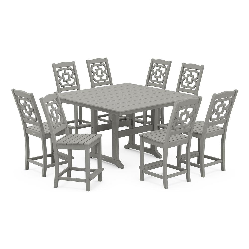 Polywood Chinoiserie 9-Piece Square Farmhouse Side Chair Counter Set with Trestle Legs