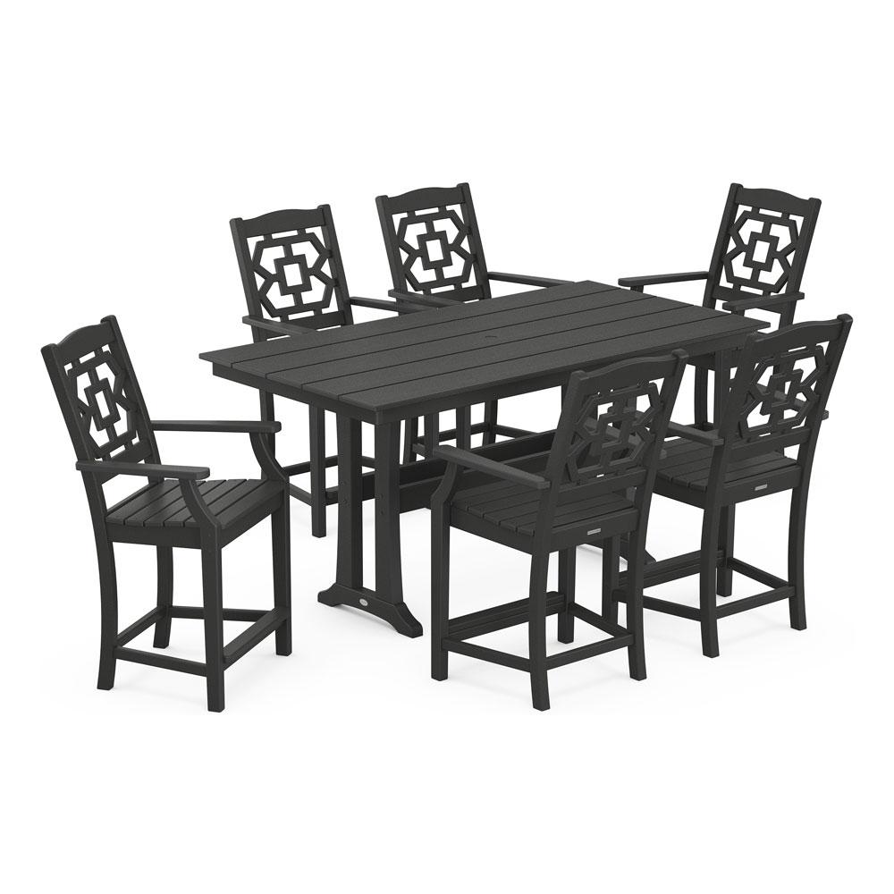 Polywood Chinoiserie Arm Chair 7-Piece Farmhouse Counter Set with Trestle Legs