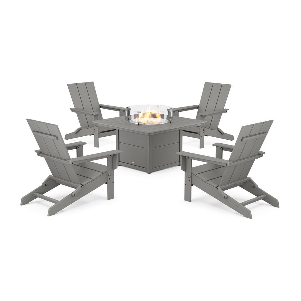Polywood 5-Piece Modern Studio Folding Adirondack Conversation Set with Fire Pit Table