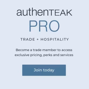 authenTEAK Pro Trade + Hospitality membership with exclusive pricing, perks and services and a Join today call-to-action.