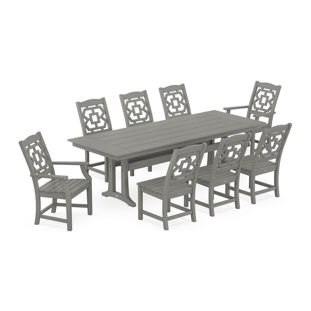 Polywood Chinoiserie 9-Piece Farmhouse Dining Set with Trestle Legs