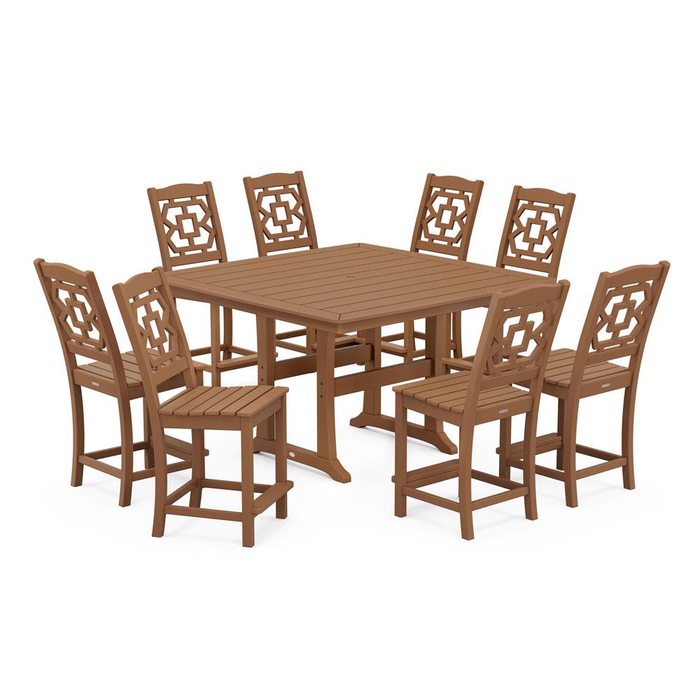 Polywood Chinoiserie 9-Piece Square Side Chair Counter Set with Trestle Legs