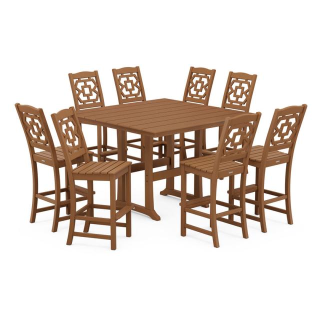 Polywood Chinoiserie 9-Piece Square Farmhouse Side Chair Bar Set with Trestle Legs