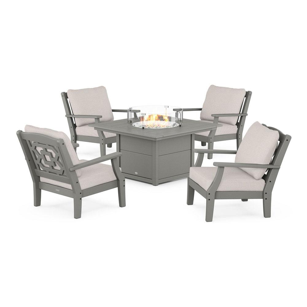 Polywood Chinoiserie 5-Piece Deep Seating Set with Fire Pit Table