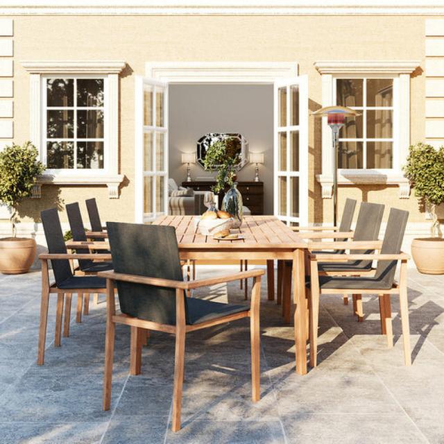 POVL Outdoor Menlo Large Rectangular Dining Set with Sling Armchairs