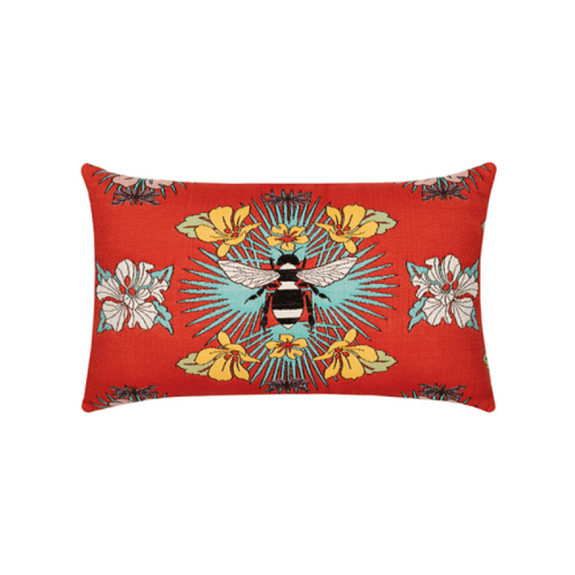 Elaine Smith 20&quot; x 12&quot; Tropical Bee Red Sunbrella Outdoor Lumbar Pillow