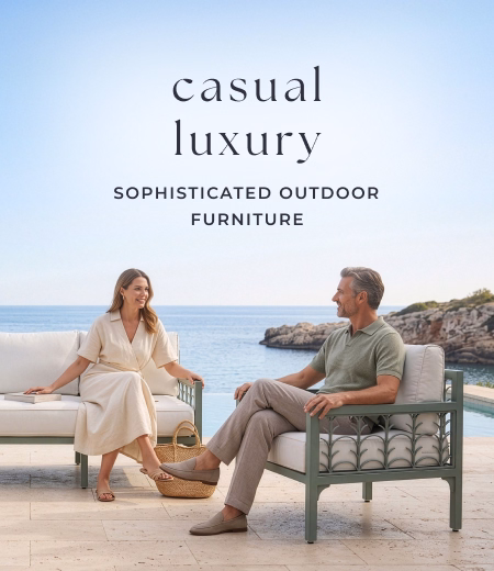 Three people relaxing on outdoor furniture. Image Text: casual luxury SOPHISTICATED OUTDOOR FURNITURE