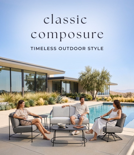People relax on poolside patio furniture. Image Text: classic composure TIMELESS OUTDOOR STYLE