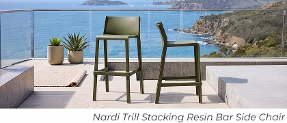 Two green outdoor barstools overlook ocean. Image Text: Nardi Trill Stacking Resin Bar Side Chair