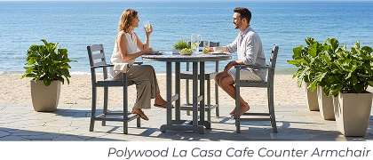 Couple drinks at outdoor high table. Image Text: Polywood La Casa Cafe Counter Armchair