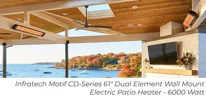 Wall-mounted patio heaters beneath a covered patio overlooking a harbor and autumn foliage.