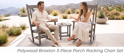 Couple conversing in outdoor rocking chairs. Image Text: Polywood Braxton 3-Piece Porch Rocking Chair Set