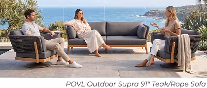 People relax on outdoor patio seating. Image Text: POVL Outdoor Supra 91 inch Teak/Rope Sofa